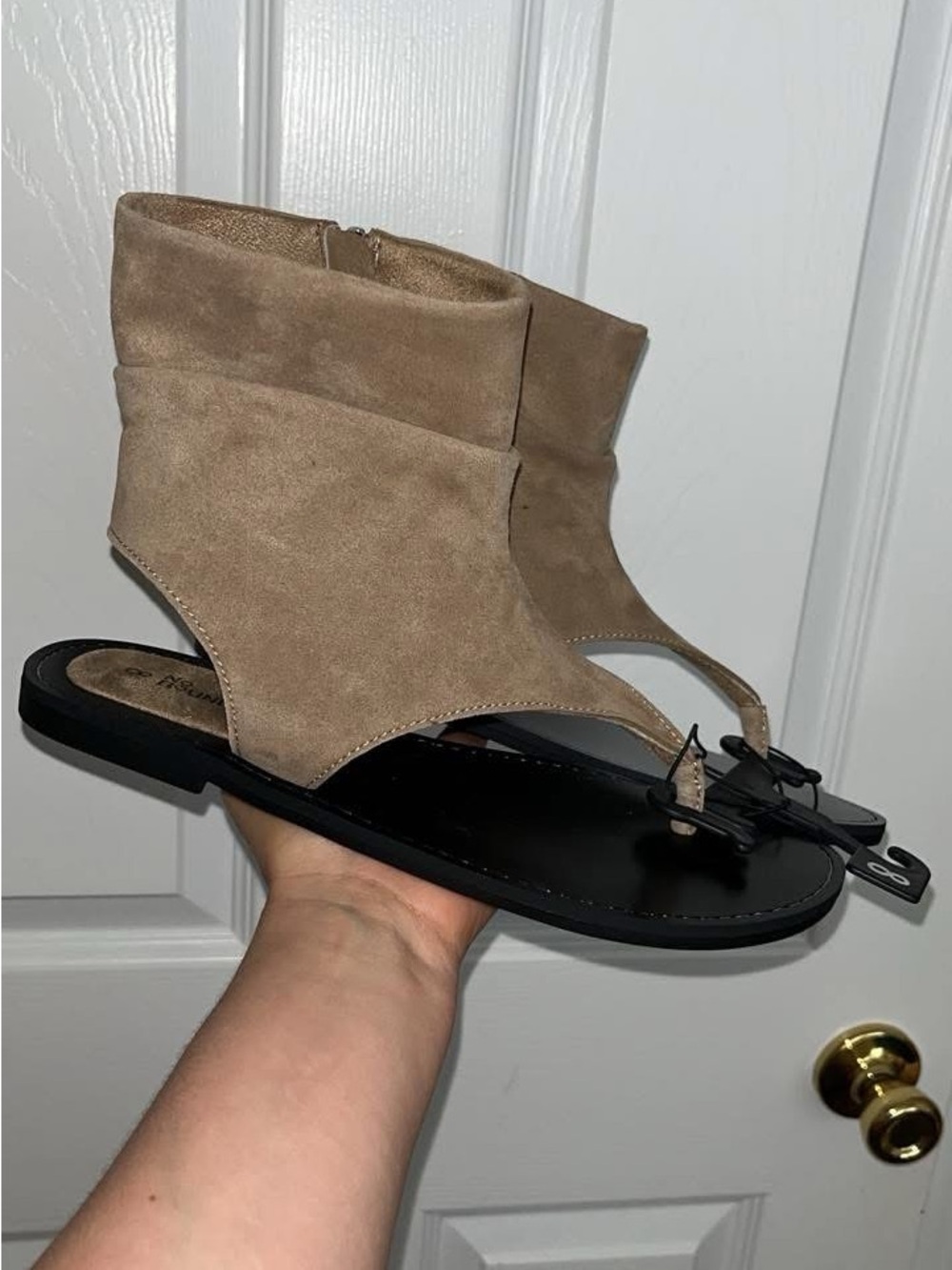 No Boundaries Taupe Suede Zip-Back Gladiator Sandals with Black Footbed